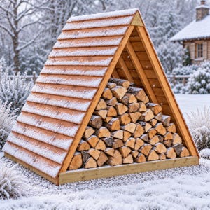 May include: A triangular wooden firewood storage rack with a shingled roof, filled with stacked split logs. The structure is constructed from light brown timber and is covered in a light dusting of snow, situated outdoors in a winter setting.