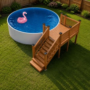 May include: A round above-ground swimming pool with white exterior walls and blue water, featuring a pink flamingo inflatable float. A wooden deck with stairs and railings provides elevated access to the pool, set in a grassy backyard area.