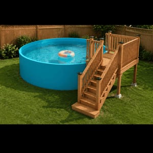 Op de afbeelding: Een rond, felblauw bovengronds zwembad gevuld met water en een kleurrijke opblaasbare zwemband. Een houten terras met trap en leuningen is aan de zijkant van het zwembad bevestigd, wat verhoogde toegang biedt tot het wateroppervlak.
