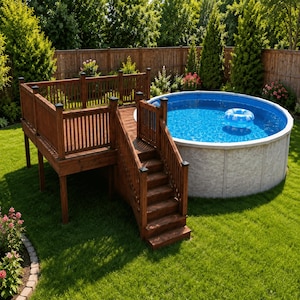 May include: A round above-ground swimming pool with a light grey textured exterior and bright blue water, featuring a white inflatable ring inside. A dark brown wooden deck with matching railings and stairs provides access to the pool area.