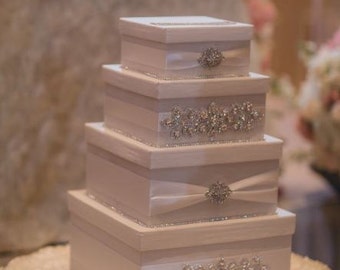 Caja de tarjetas de boda, Caja de tarjetas Bling, Soporte de dinero de pedrería, Caja de dinero de 4 niveles hecha a mano a medida
