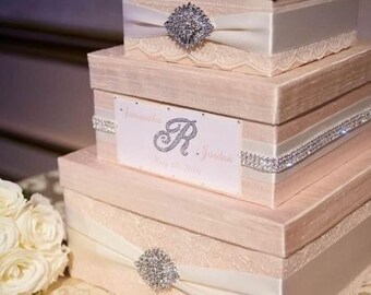 Wedding Card Box, Blush Pink Wedding Card Holder, Custom Card Box, Personalized Card Box, Lace Money Box, Pink Wedding Decor - Custom