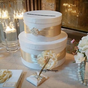 Caixa de cartão para casamento, porta-cartões de casamento, caixa para envelopes, caixa de presente de casamento, marfim e champanhe - feita sob medida