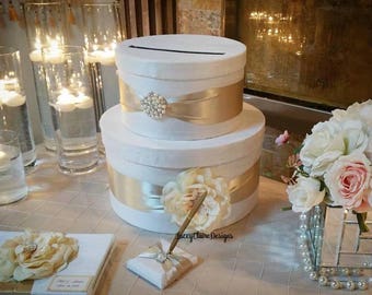 Caja de tarjetas para bodas, soporte de tarjetas de boda, caja para sobres, caja de regalo de bodas, marfil y champán - Hecho a medida