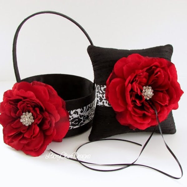 Flower Girl Basket and Wedding Ring Pillow Set - Damask Black and White