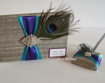 Peacock Wedding Guest Book and Pen Set, Wedding Advice Book, Wedding Memory Book, Signature Book, Custom Made