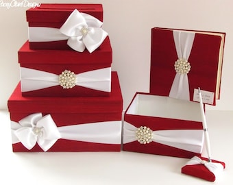Wedding Money Box Set, includes guest book, pen and program box, shown in red and white