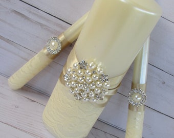 Gold Wedding Unity Candles Set, Lace Wedding Candles, Personalized Wedding Candles, Bling Candles, Ivory Unity Candles, Wedding Gift, Custom