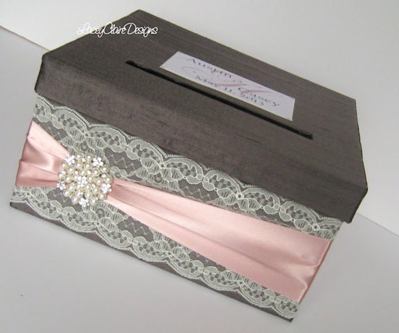 Wedding Card Box Custom Envelope Card Holder Lace Blush Handmade Silk Card Box image 1