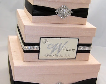 Wedding Gift Box, Bling Card Box, Blush Pink Wedding Box, Rhinestone Money Holder, Card Box with Lid, Locked Card Box - Custom