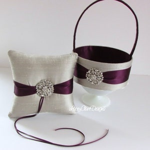 Custom Flower Girl Basket and Wedding Ring Pillow, Silver and Purple Wedding Pillow, Silver Flower Girl Basket, Personalized Wedding, Custom image 1