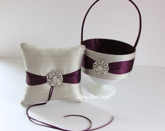 Custom Flower Girl Basket and Wedding Ring Pillow, Silver and Purple Wedding Pillow, Silver Flower Girl Basket, Personalized Wedding, Custom