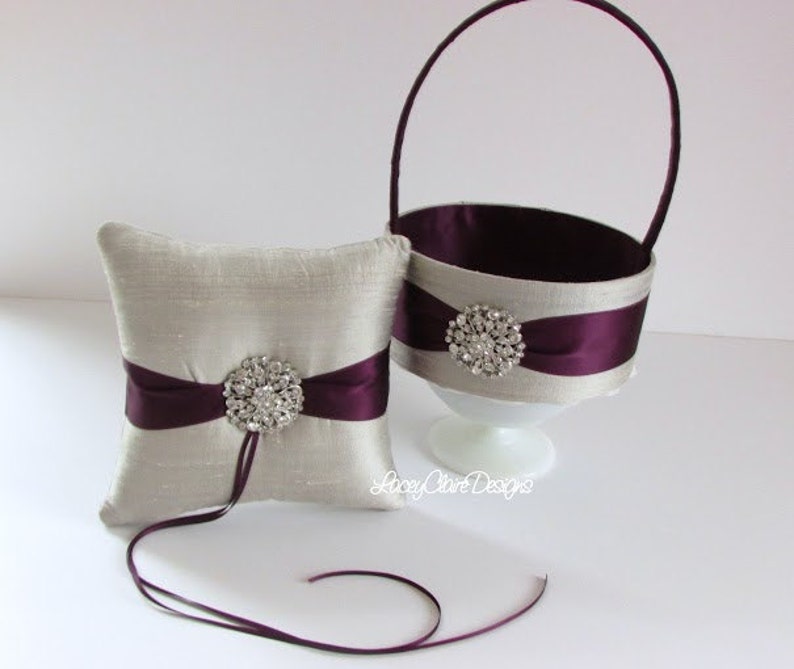 Custom Flower Girl Basket and Wedding Ring Pillow, Silver and Purple Wedding Pillow, Silver Flower Girl Basket, Personalized Wedding, Custom image 1