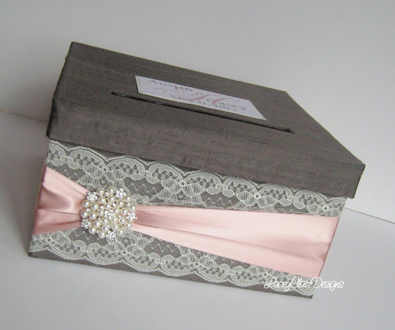 Wedding Card Box Custom Envelope Card Holder Lace Blush Handmade Silk Card Box image 2