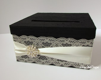 Wedding Card Box Custom Envelope Card Holder Lace Black and Ivory Handmade Silk Card Box