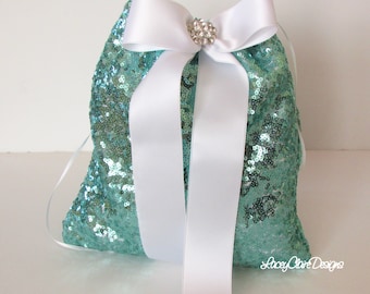 Wedding Dollar Dance Bag, Bridal Money Bag, Wedding Purse, Wedding Money Pouch, Sequin Drawstring Bag,  Aquamarine Wedding, Custom