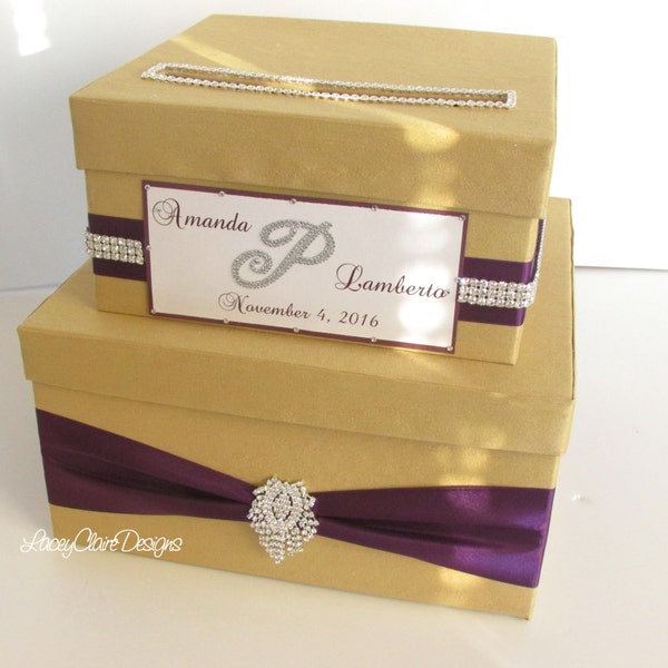 Wedding Card Box, Bling Card Box, Gold and Plum, Rhinestone Money Card Holder Custom Made