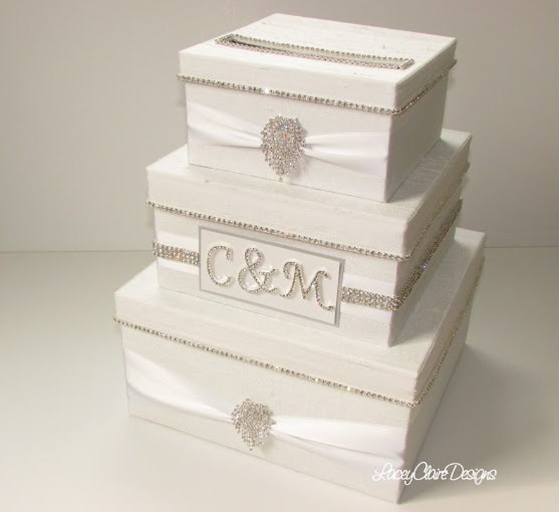 Wedding Card Box, Box for Cards, Bling Card Box, Rhinestone Money Holder, White Wedding Gift Box. Envelope Box, Custom Made image 2