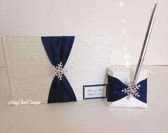 Wedding Guest Book and Pen Set Snowflake Winter  - Custom Made