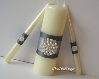 Unity Candles, Wedding Candles, Gray and Pewter, Wedding Unity Ceremony, Traditional Unity Candles Set, Custom Made