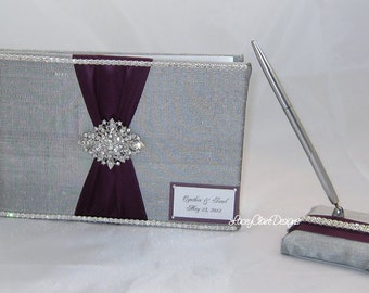 Wedding Guest Book and Pen Set, Bling Guest Book, Silver and Purple Signature Book, Reception Sign in Book - Custom Made