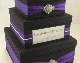 Wedding Gift Box, Card Box, Money Holder  - Custom Made, Black and Royal Purple