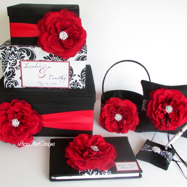 Wedding Money Box Set, guest book, ring pillow and flower girl basket, Damask Black White Red