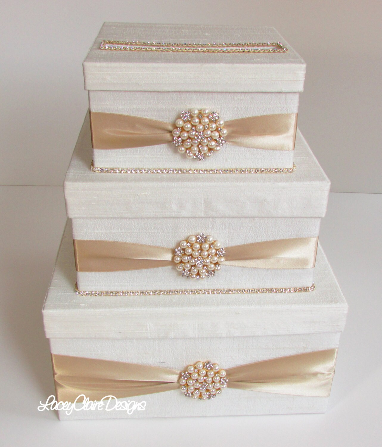 Andaz Press Glitter Wedding Card Box with Slot, White Satin Ribbon and Rhinestone Buckle, 10 x 10 Card Holder Gift Box for Weddings, Anniversaries