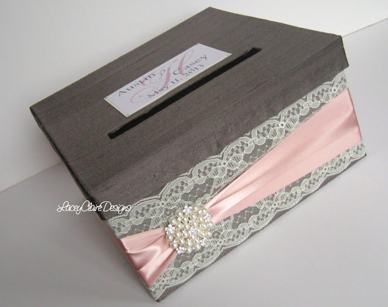 Wedding Card Box Custom Envelope Card Holder Lace Blush Handmade Silk Card Box image 3