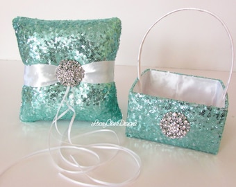 Sequin Flower Girl Basket and Wedding Ring Pillow Set - Custom Made
