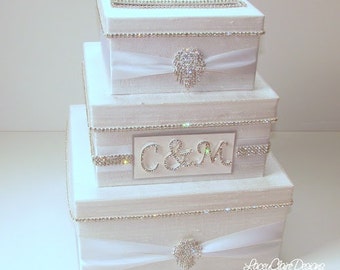 Caja para tarjetas de boda, caja para tarjetas, caja para tarjetas con brillo, porta billetes con diamantes de imitación, caja blanca para regalo de boda. Caja con sobre, hecha a medida.