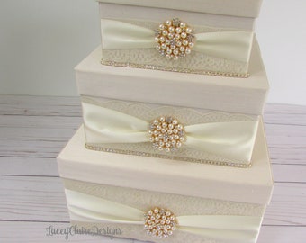 Caja de boda, Caja de tarjeta Bling, Caja de tarjeta de marfil y oro, Caja de tarjeta de encaje, Soporte de dinero de pedrería, Caja de regalo de boda, Soporte de tarjeta, Personalizado
