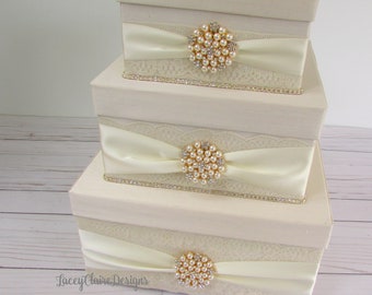 Wedding Box, Bling Card Box, Ivory and Gold Card Box, Lace Card Box, Rhinestone Money Holder, Wedding Gift Box, Card Holder, Custom