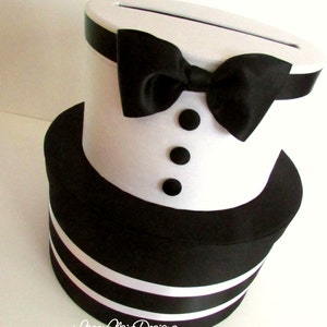 Scatola per biglietti di auguri, scatola per biglietti di compleanno, baby shower, scatola per biglietti di matrimonio, scatola per biglietti da smoking, cravatta nera, matrimonio dello stesso sesso, bianco e nero, personalizzato