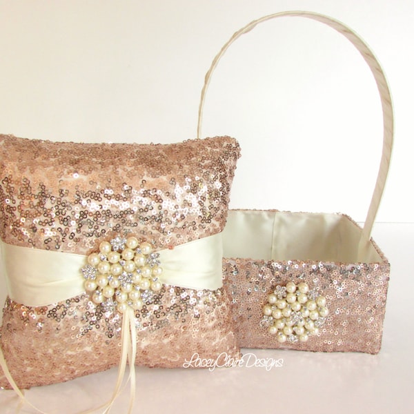 Rose Gold Wedding Ring Pillow, Sequin Ring Pillow, Sequin Flower Girl Basket, Rose Gold Wedding Accessories, Rose Gold Sequin Decor, Custom