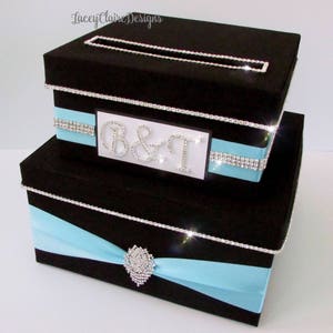 Caixa de cartão de strass, caixa para cartões, porta-cartões seguro, caixa de cartão de casamento, caixa de envelope, preto e aqua - feito sob medida