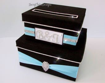 Rhinestone Card Box, Box for Cards, Secure Card Holder, Wedding Card Box, Envelope Box, Black and Aqua  - Custom Made