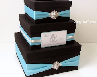 Wedding Gift Box, Bling Card Box, Rhinestone Money Holder, Wedding Card Mailbox, Card Holder Wedding  - Custom Made Black & Aqua Blue