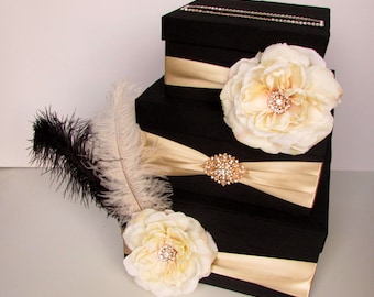 1920's Wedding Card Box, Great Gatsby Event, Birthday Card Box, Black and Champagne, Event Card Holder, Party Decoration, Centerpiece Custom