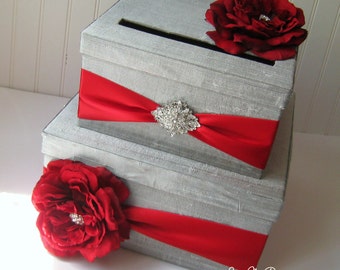 Wedding Card Boxes Custom Made Money Holder - Silver and Red