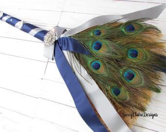 Wedding Jumping Broom, Peacock Wedding Broom, African American Jump Broom, Navy and Pewter Broom Custom Made