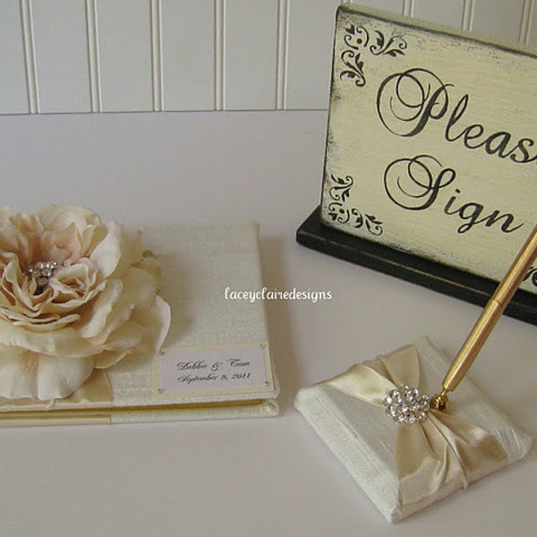 Wedding Guest Book with Pen Set, Reception Guest Book, Wedding Signature book, ivory and cream wedding, Custom made