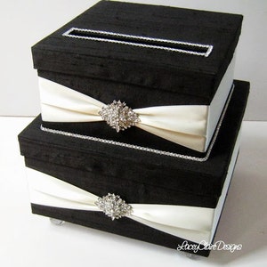 Black and Ivory Wedding Card Box, Bling Card Box, Rhinestone Money Card Holder, Card Box with Lock, Wedding Gift Box, Box with Lid, Custom