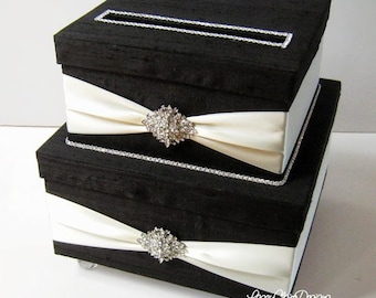 Caja de tarjetas de boda negra y marfil, caja de tarjetas Bling, titular de tarjeta de diamantes de imitación, caja de tarjetas con cerradura, caja de regalo de boda, caja con tapa, personalizada
