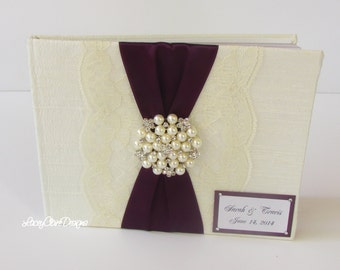 Guest Book, Wedding Keepsake Book, Wedding Advice Book, Cream and Eggplant, Plum, Signature Book, Memory Book, Custom