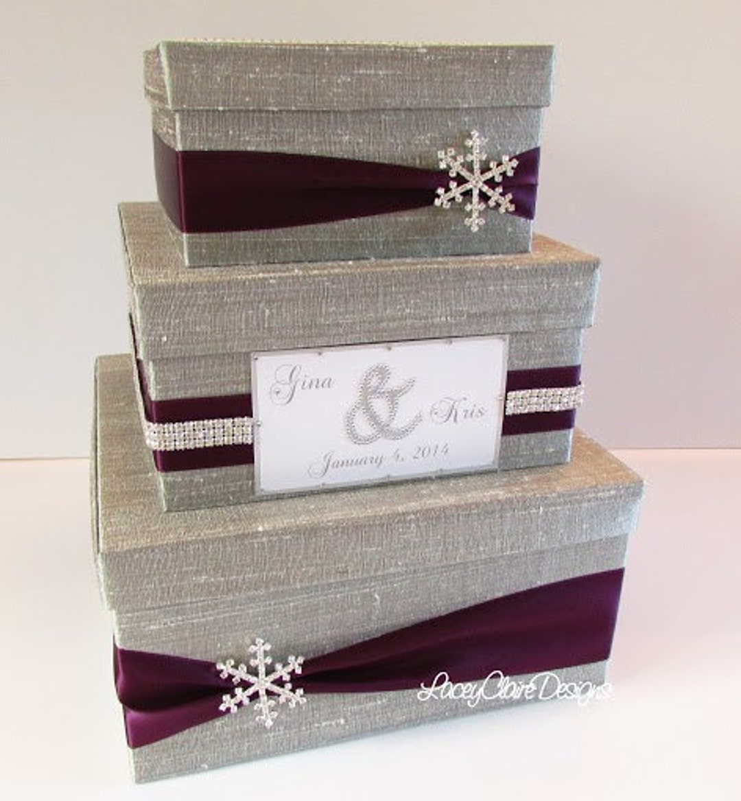 Wedding Card Box, Winter Wedding, Silver and Eggplant Reception Card