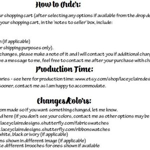 May include: Text on a white background provides instructions on how to order custom items. It includes steps for adding items to a cart, noting event dates, colors, and personalization. It also details production time and color change options.