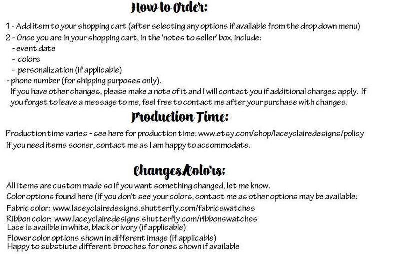 May include: Text on a white background provides instructions on how to order custom items. It includes steps for adding items to a cart, noting event dates, colors, and personalization. It also details production time and color change options.