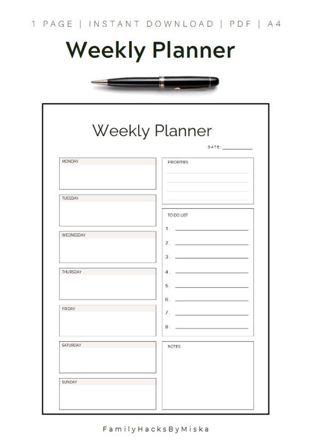 Minimalist Weekly Planner Printable, Weekly Schedule PDF, To-do List ...