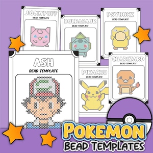 Puede incluir: Un conjunto de plantillas de cuentas de Pokémon imprimibles con personajes como Pikachu, Charizard, Jigglypuff y Ash. Las plantillas están diseñadas para usar con cuentas Perler o materiales de artesanía similares.